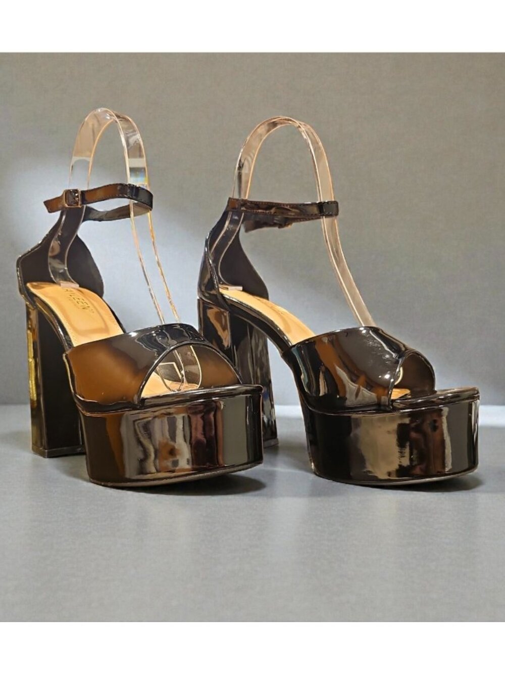 Metallic Black Platform High Heel Ankle Strap Sandals Glossy Patent Faux Leather